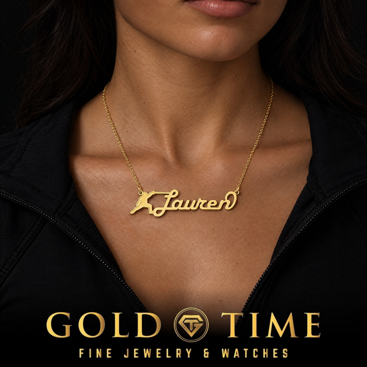 Woman wearing a large yellow gold Lauren name necklace with a runner image, Gold Time