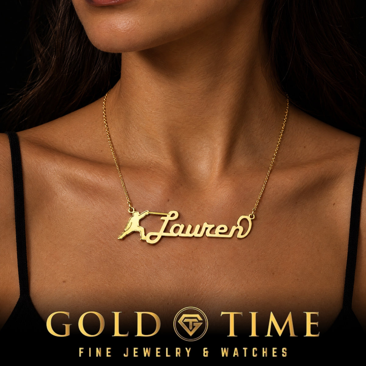 Custom image and name necklace in yellow gold worn below the collarbones, Gold Time