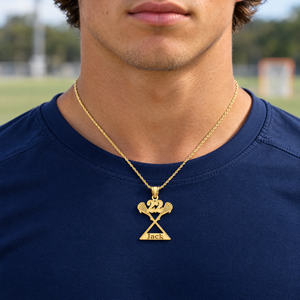 Yellow gold lacrosse pendant with number 22 and the name Jack, worn by a young man, lifestyle photo, Gold Time