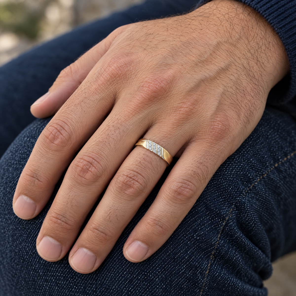 Men's 10K yellow gold wedding band with three diagonal rows of diamonds, worn on a man's ring finger, lifestyle photo, Gold Time