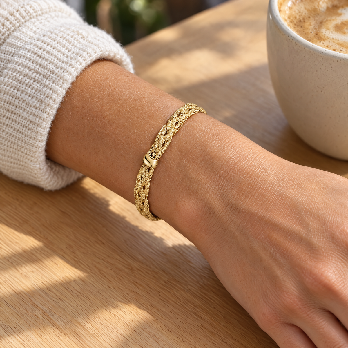 14K yellow gold woven mesh stretch bangle, 10mm wide, worn on a woman's wrist, lifestyle photo, Gold Time