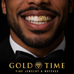 Groom in a tuxedo smiling in a yellow gold cursive Mr grill on his top front teeth, Gold Time