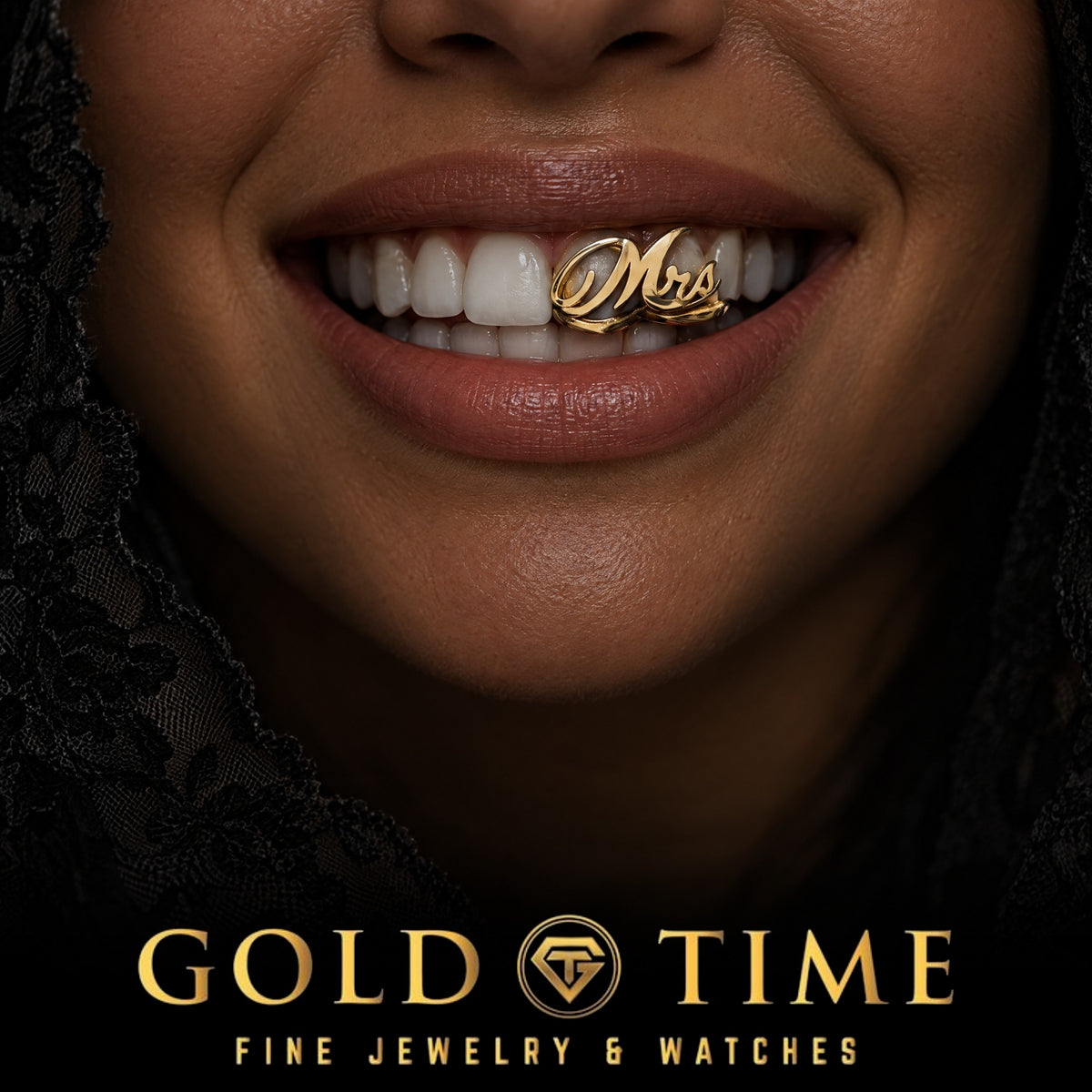Bride smiling in a yellow gold cursive Mrs grill on her top front teeth, Gold Time