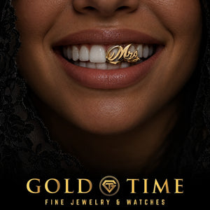 Bride smiling in a yellow gold cursive Mrs grill on her top front teeth, Gold Time