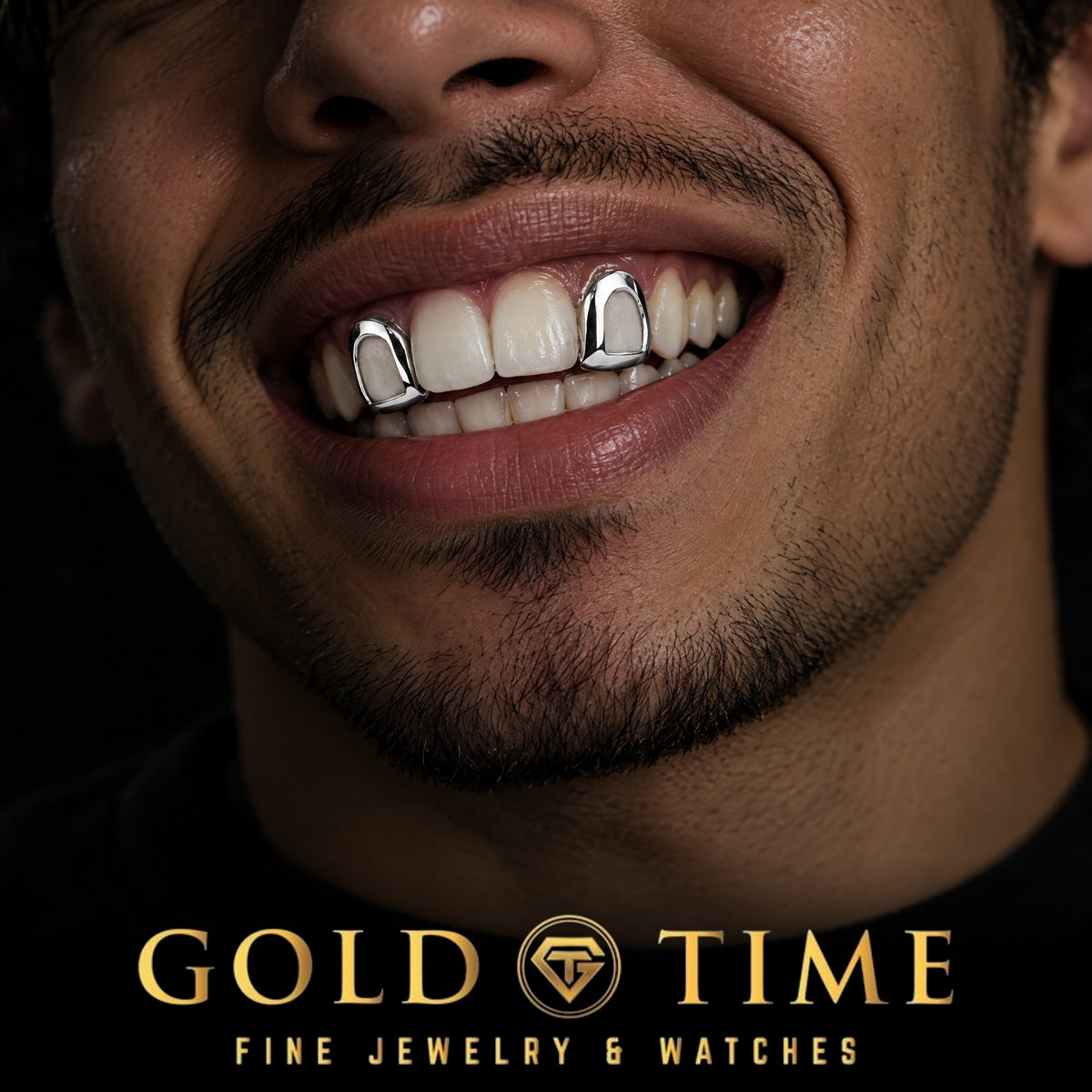 Open face incisor grillz worn on the teeth beside the two front teeth, side view, Gold Time