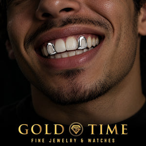 Open face incisor grillz worn on the teeth beside the two front teeth, side view, Gold Time
