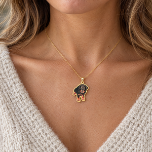 Custom photo cut-out pendant of a puppy with a gold edge, worn by a woman, lifestyle photo, Gold Time