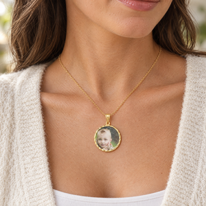 Gold plated round photo pendant with a diamond-cut frame, worn by a woman, lifestyle photo, Gold Time