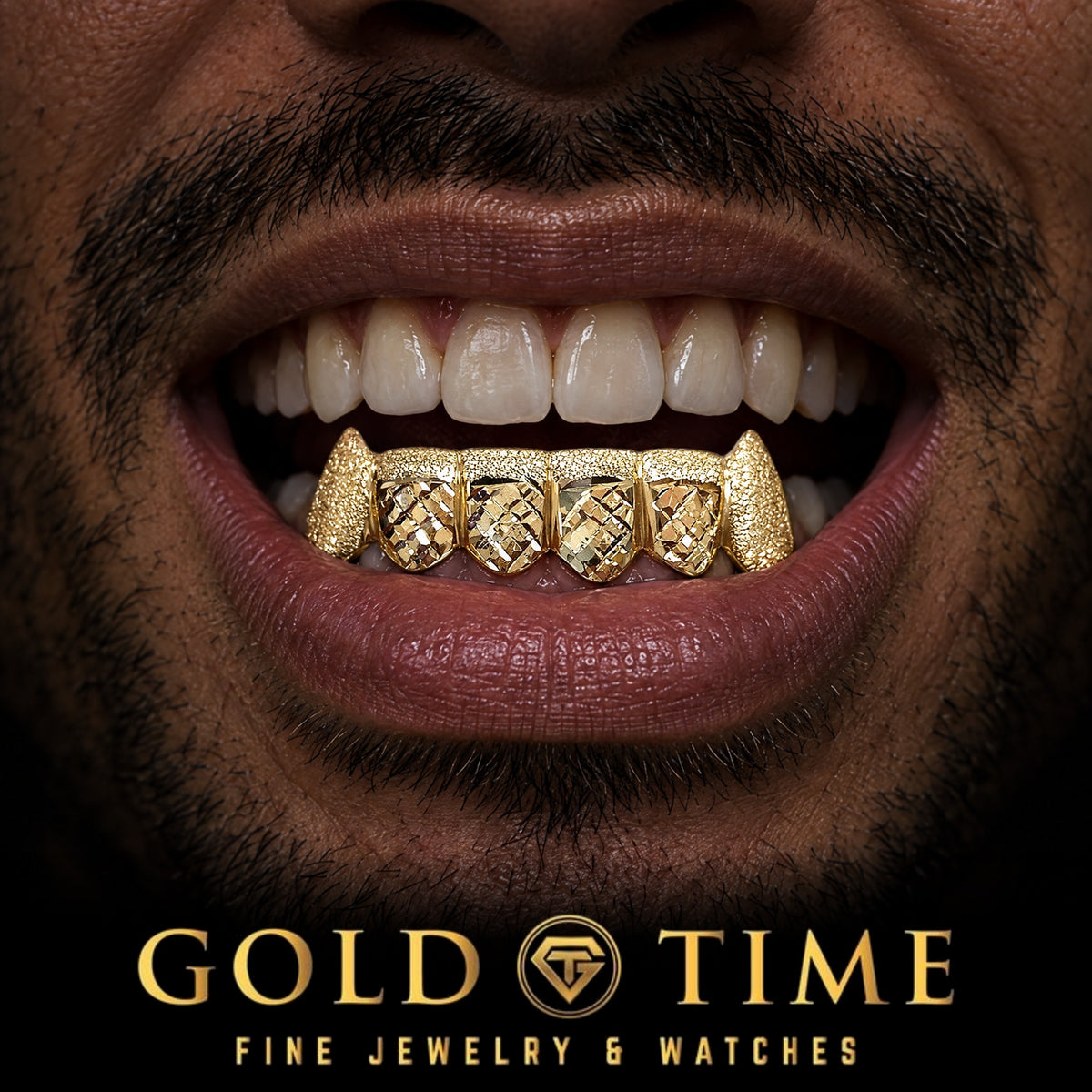 Custom grillz, 6 Piece Trillion Cut with Dust Tips and Fangs, worn in a smile, lifestyle photo 1, Gold Time