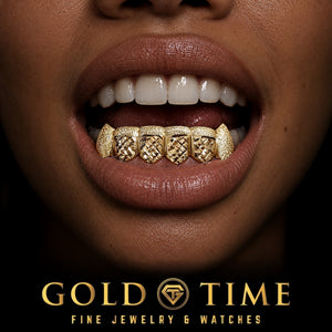 Custom grillz, 6 Piece Trillion Cut with Dust Tips and Fangs, worn in a smile, lifestyle photo 2, Gold Time