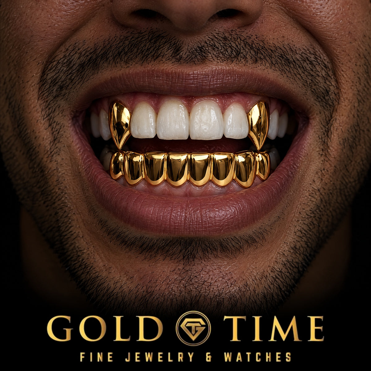 Custom grillz, 10 Piece Set with Canine Fangs, worn in a smile, lifestyle photo 1, Gold Time