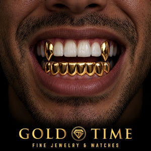 Custom grillz, 10 Piece Set with Canine Fangs, worn in a smile, lifestyle photo 1, Gold Time