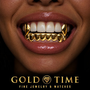 Custom grillz, 10 Piece Set with Canine Fangs, worn in a smile, lifestyle photo 2, Gold Time