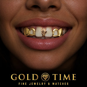 Custom grillz, 5 Piece Rose Gap, Open Face, Solid Canines, worn in a smile, lifestyle photo 2, Gold Time