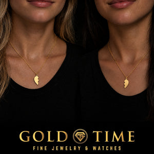 14k Broken Heart Pendant, halves worn by two people, lifestyle photo 1, Gold Time