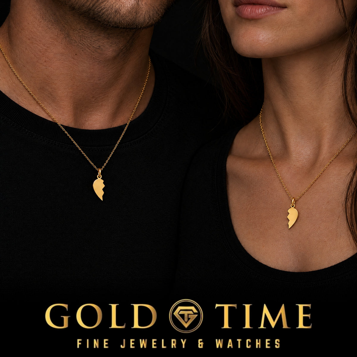 14k Broken Heart Pendant, halves worn by two people, lifestyle photo 2, Gold Time