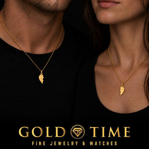 14k Broken Heart Pendant, halves worn by two people, lifestyle photo 2, Gold Time