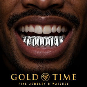 Custom grillz, 8 Piece Trillion Detail with Dust Tips, worn in a smile, lifestyle photo 1, Gold Time