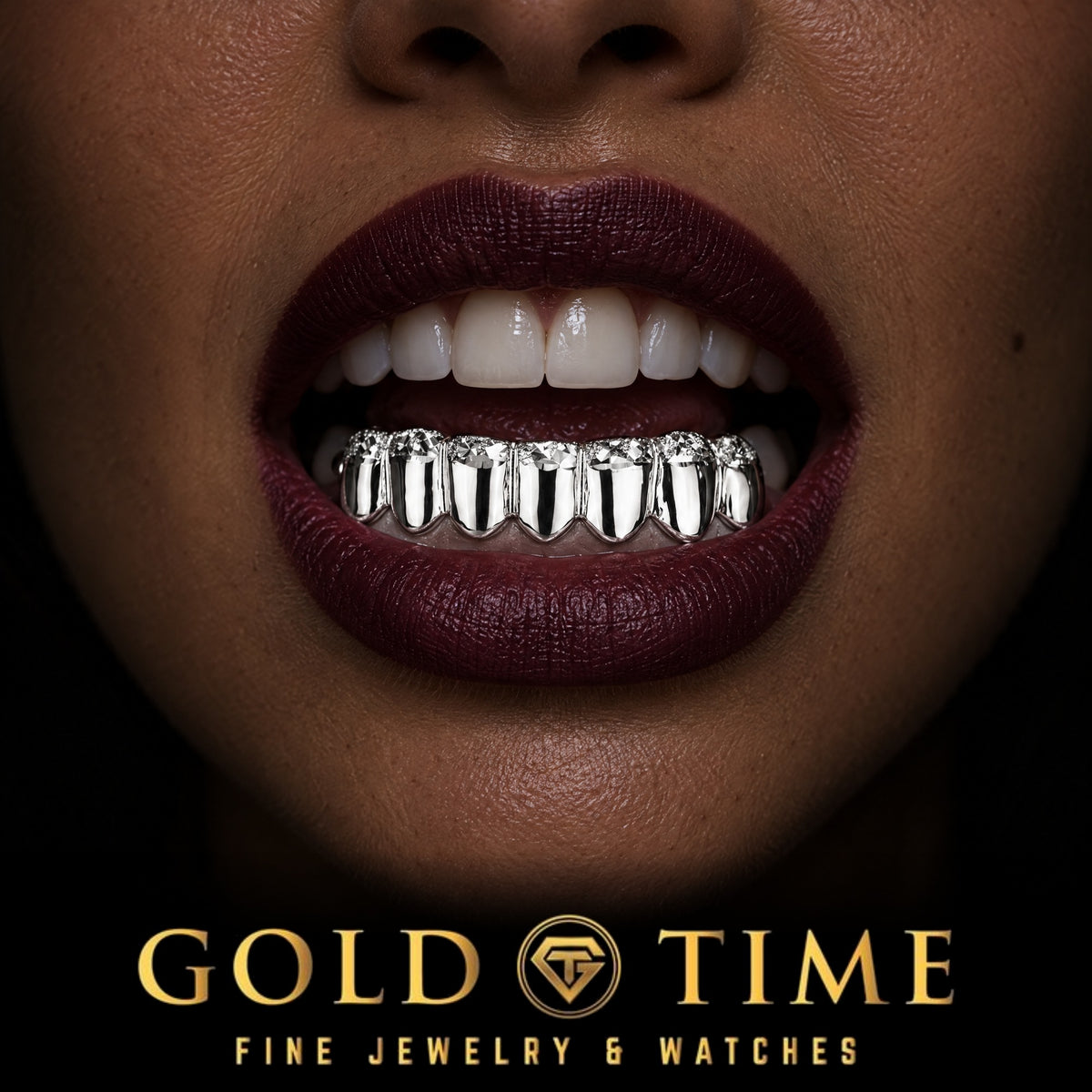 Custom grillz, 8 Piece Trillion Detail with Dust Tips, worn in a smile, lifestyle photo 2, Gold Time