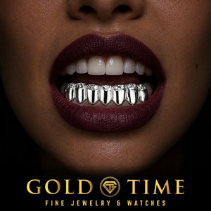 Custom grillz, 8 Piece Trillion Detail with Dust Tips, worn in a smile, lifestyle photo 2, Gold Time