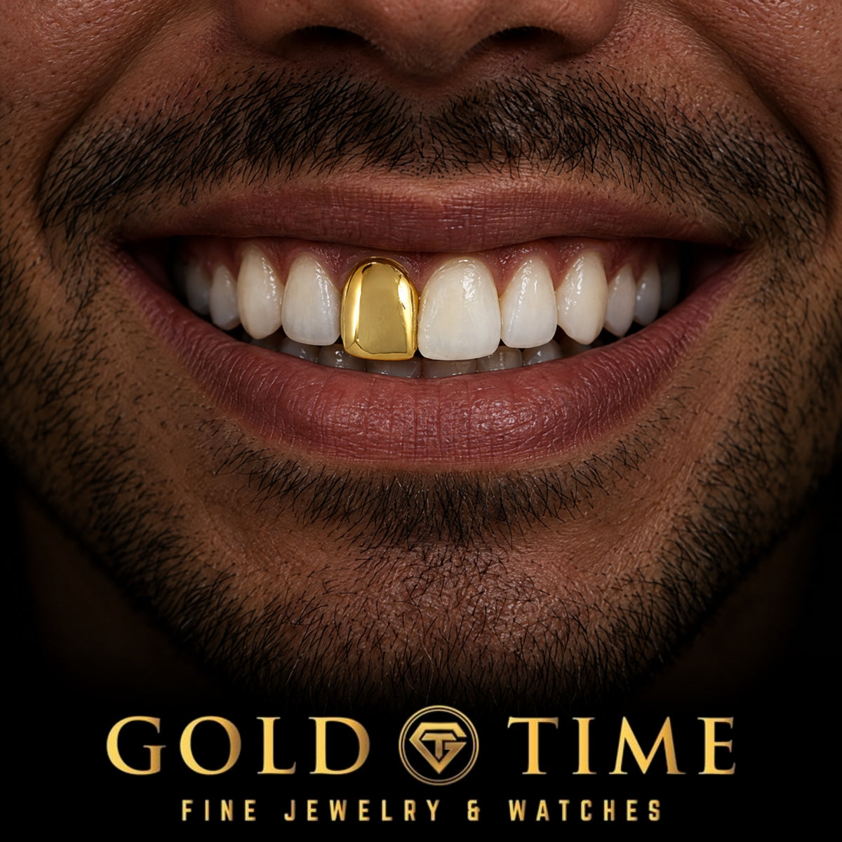 Custom grillz, Single Tooth Solid Cap, worn in a smile, lifestyle photo 1, Gold Time