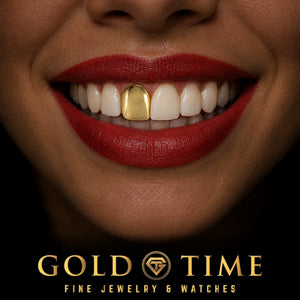 Custom grillz, Single Tooth Solid Cap, worn in a smile, lifestyle photo 2, Gold Time