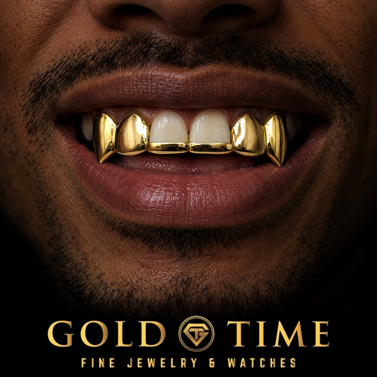 6 Piece Solid Grillz with Canine Fangs, worn in a smile, lifestyle photo 1, Gold Time