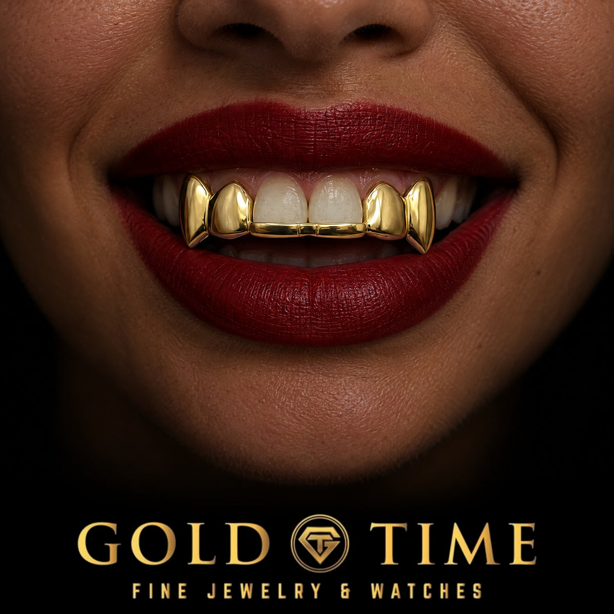 6 Piece Solid Grillz with Canine Fangs, worn in a smile, lifestyle photo 2, Gold Time