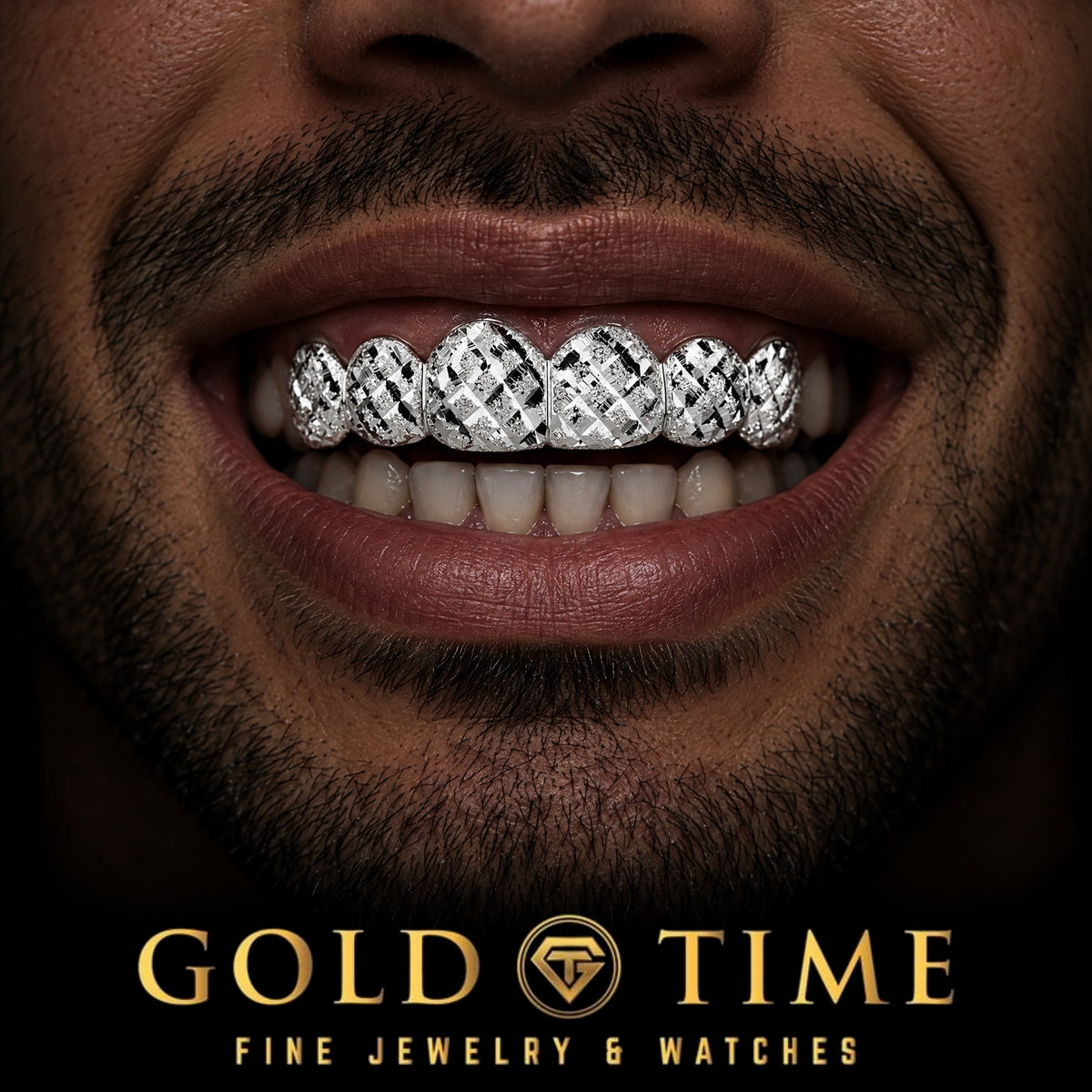 Custom grillz, 6 Piece Trillion Cuts and Diamond Dust, worn in a smile, lifestyle photo 1, Gold Time