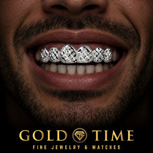 Custom grillz, 6 Piece Trillion Cuts and Diamond Dust, worn in a smile, lifestyle photo 1, Gold Time