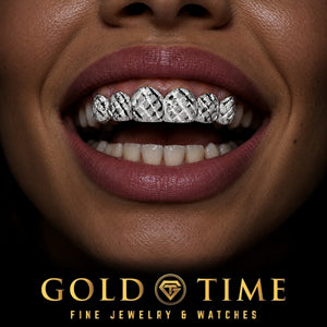 Custom grillz, 6 Piece Trillion Cuts and Diamond Dust, worn in a smile, lifestyle photo 2, Gold Time