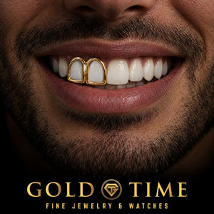 Custom grillz, Open Face Double Cap, worn in a smile, lifestyle photo 1, Gold Time