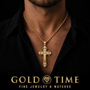 14k INRI Crucifix Pendant, Large, worn by a model, lifestyle photo 1, Gold Time