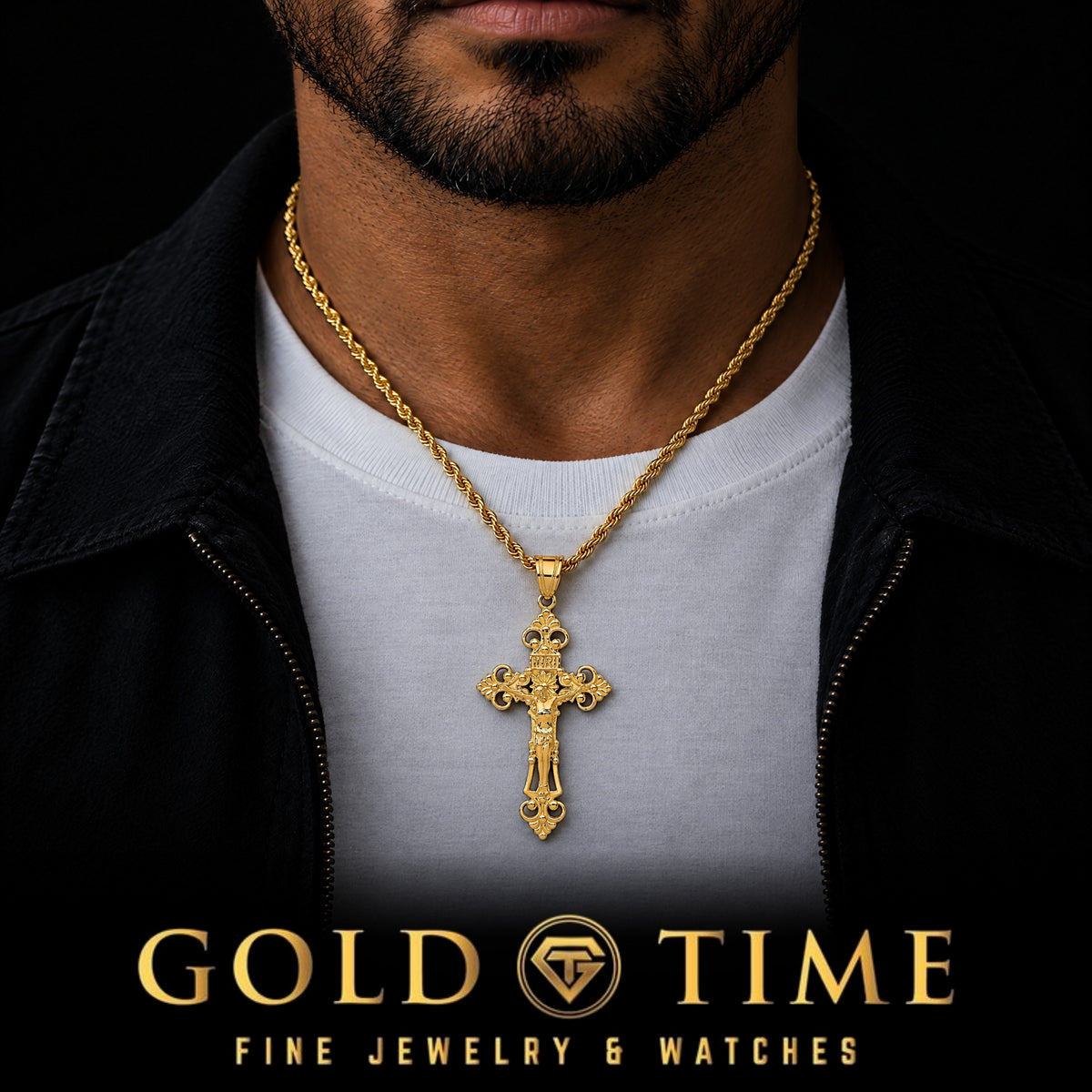 14k INRI Crucifix Pendant, Large, worn by a model, lifestyle photo 2, Gold Time