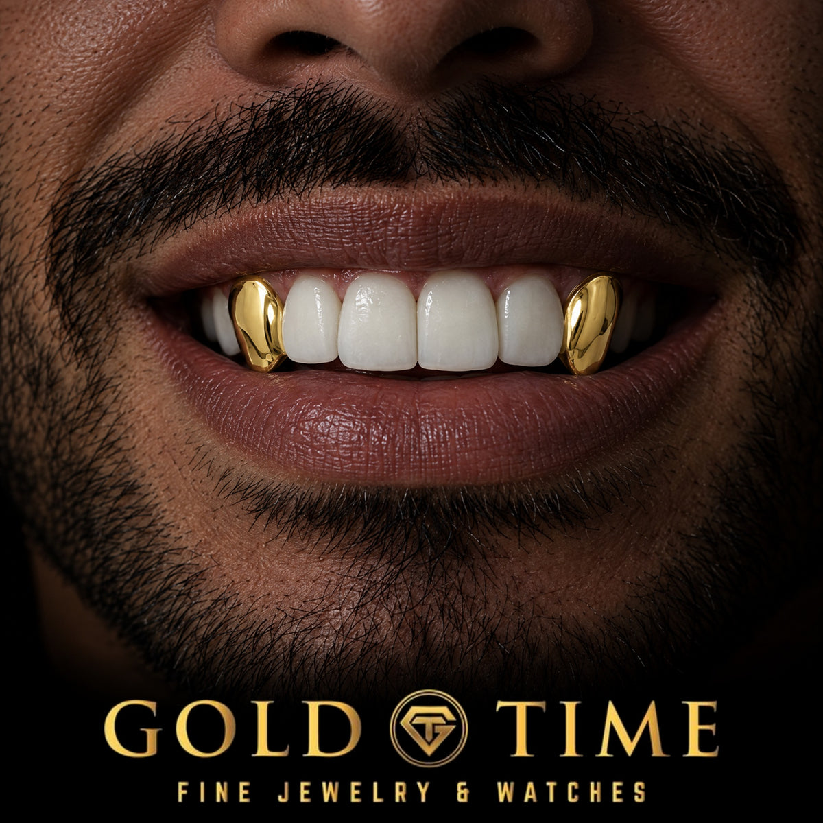 Custom grillz, 2 Piece Solid Canines, worn in a smile, lifestyle photo 1, Gold Time