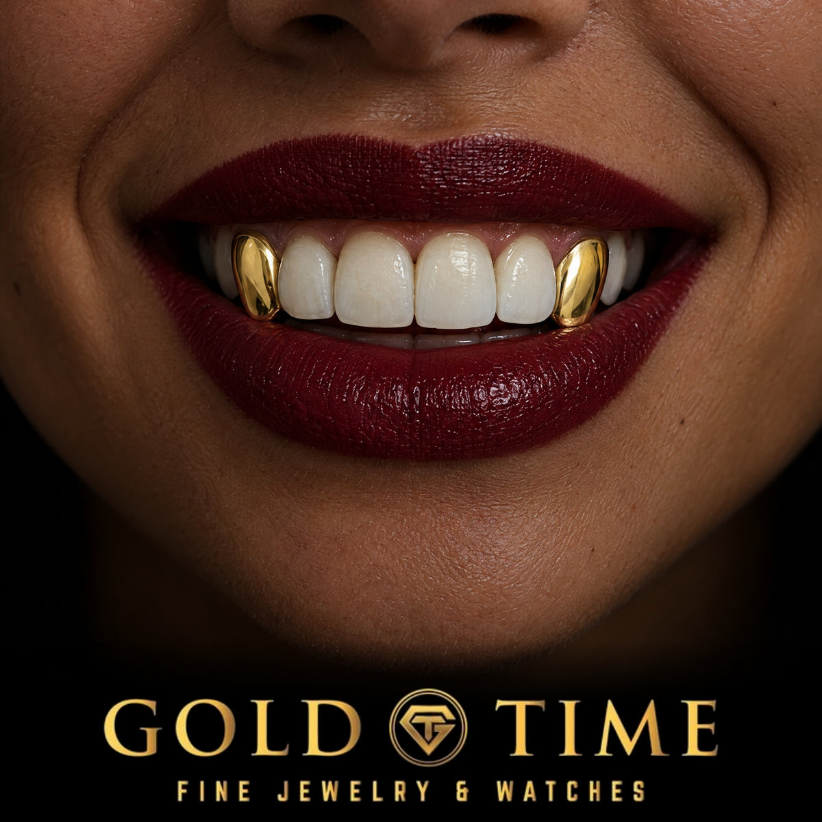 Custom grillz, 2 Piece Solid Canines, worn in a smile, lifestyle photo 2, Gold Time