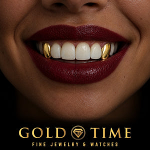 Custom grillz, 2 Piece Solid Canines, worn in a smile, lifestyle photo 2, Gold Time