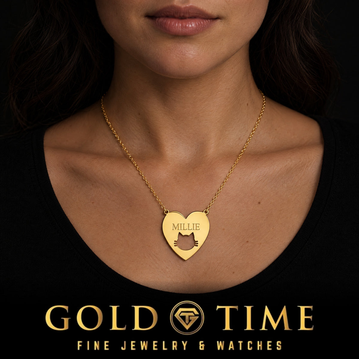 Sterling Cat Heart Necklace, worn by a model, lifestyle photo 1, Gold Time