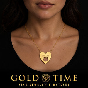 Sterling Cat Heart Necklace, worn by a model, lifestyle photo 1, Gold Time