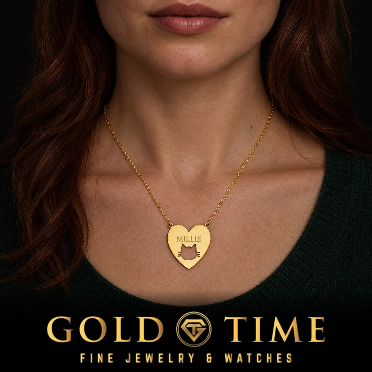 Sterling Cat Heart Necklace, worn by a model, lifestyle photo 2, Gold Time