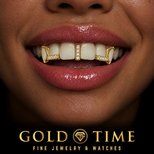 Custom grillz, 5 Piece Moissanite Gap Bar, Open Face Canines, worn in a smile, lifestyle photo 2, Gold Time