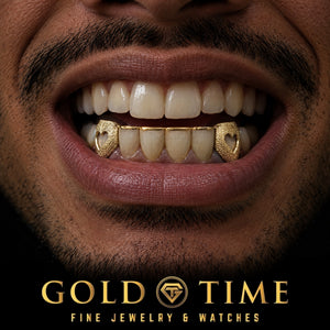 Custom grillz, 6 Piece Heart Cut-Out Canines, Dust, worn in a smile, lifestyle photo 1, Gold Time