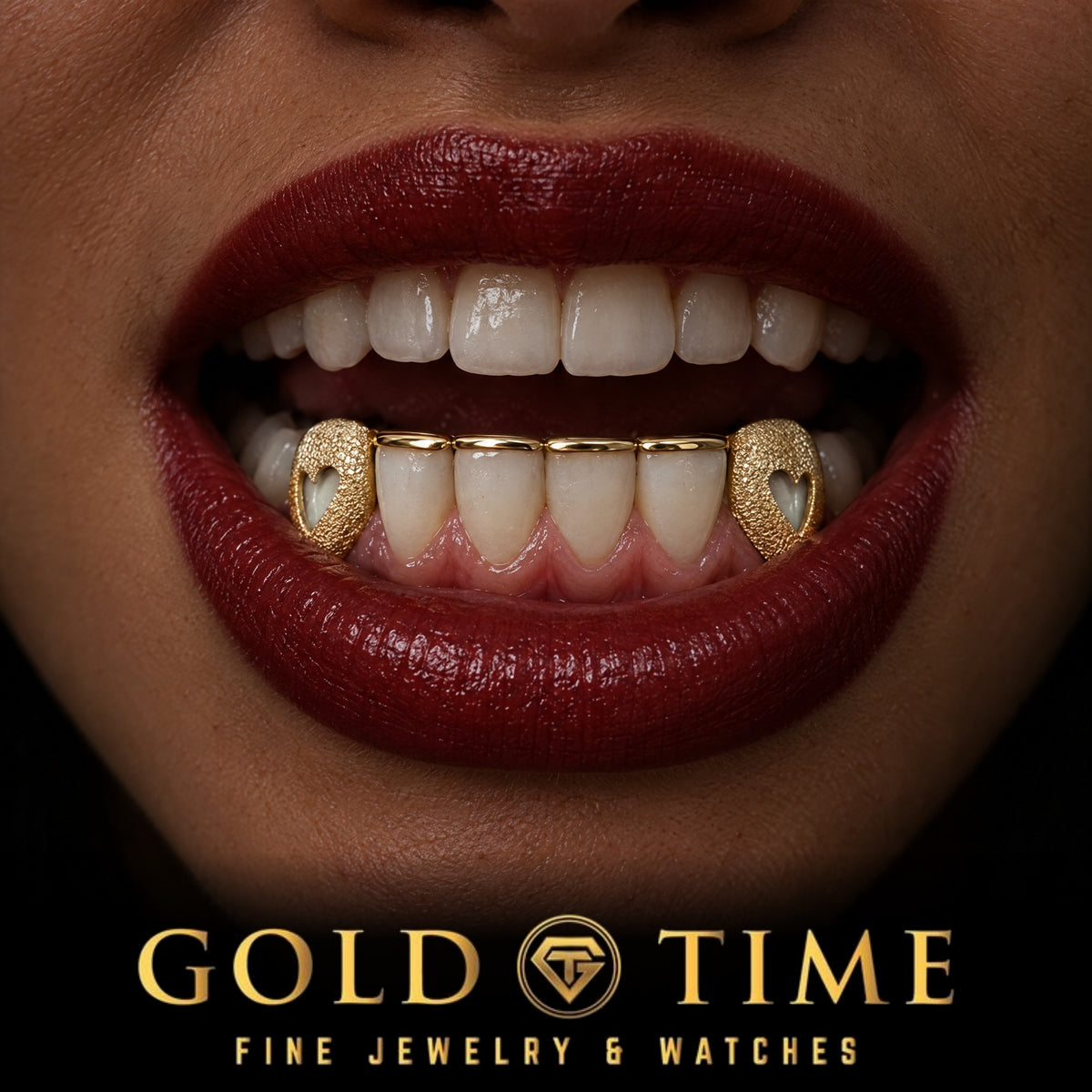 Custom grillz, 6 Piece Heart Cut-Out Canines, Dust, worn in a smile, lifestyle photo 2, Gold Time