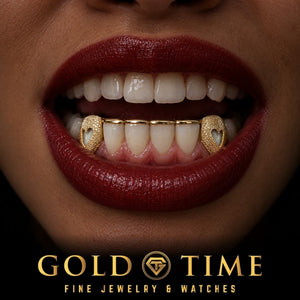 Custom grillz, 6 Piece Heart Cut-Out Canines, Dust, worn in a smile, lifestyle photo 2, Gold Time