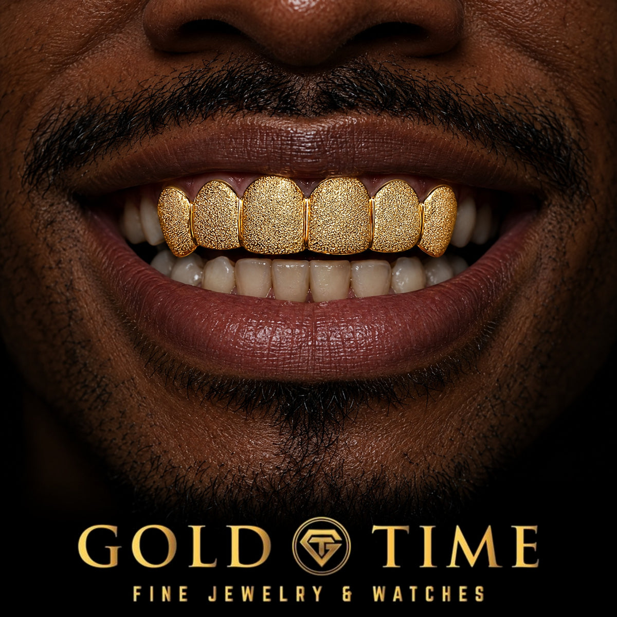 6 Piece Diamond Dust Grillz, worn in a smile, lifestyle photo 1, Gold Time