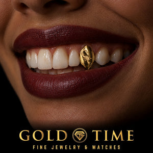 Custom grillz, Single Cap with Scorpion Engraving, worn in a smile, lifestyle photo 1, Gold Time