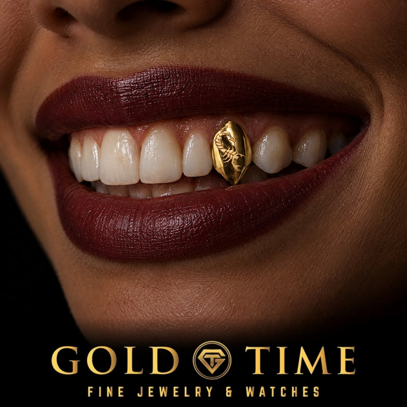 Custom grillz, Single Cap with Scorpion Engraving, worn in a smile, lifestyle photo 1, Gold Time