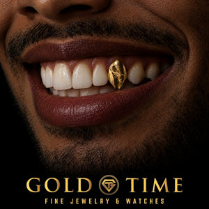 Custom grillz, Single Cap with Scorpion Engraving, worn in a smile, lifestyle photo 2, Gold Time