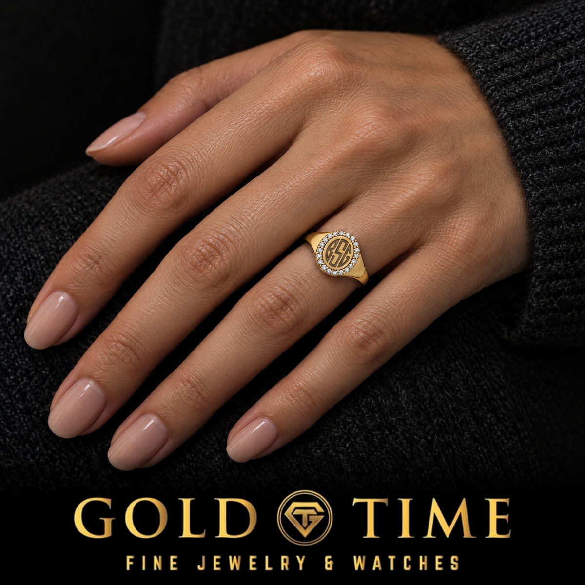 Diamond Oval Monogram Signet Ring, worn on a hand, lifestyle photo 1, Gold Time