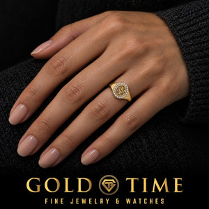 Diamond Oval Monogram Signet Ring, worn on a hand, lifestyle photo 1, Gold Time
